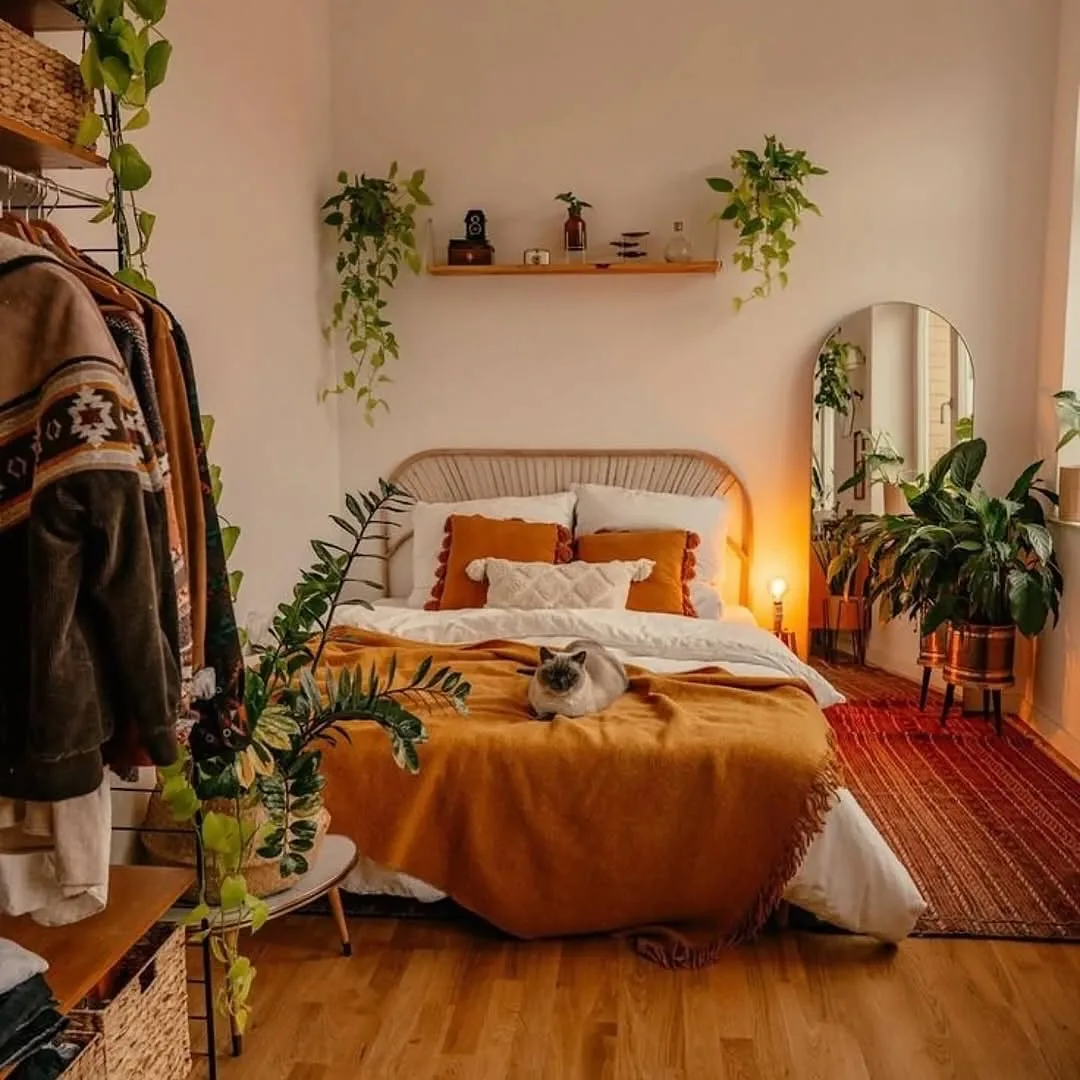 Bedroom with accent wall and warm tones
