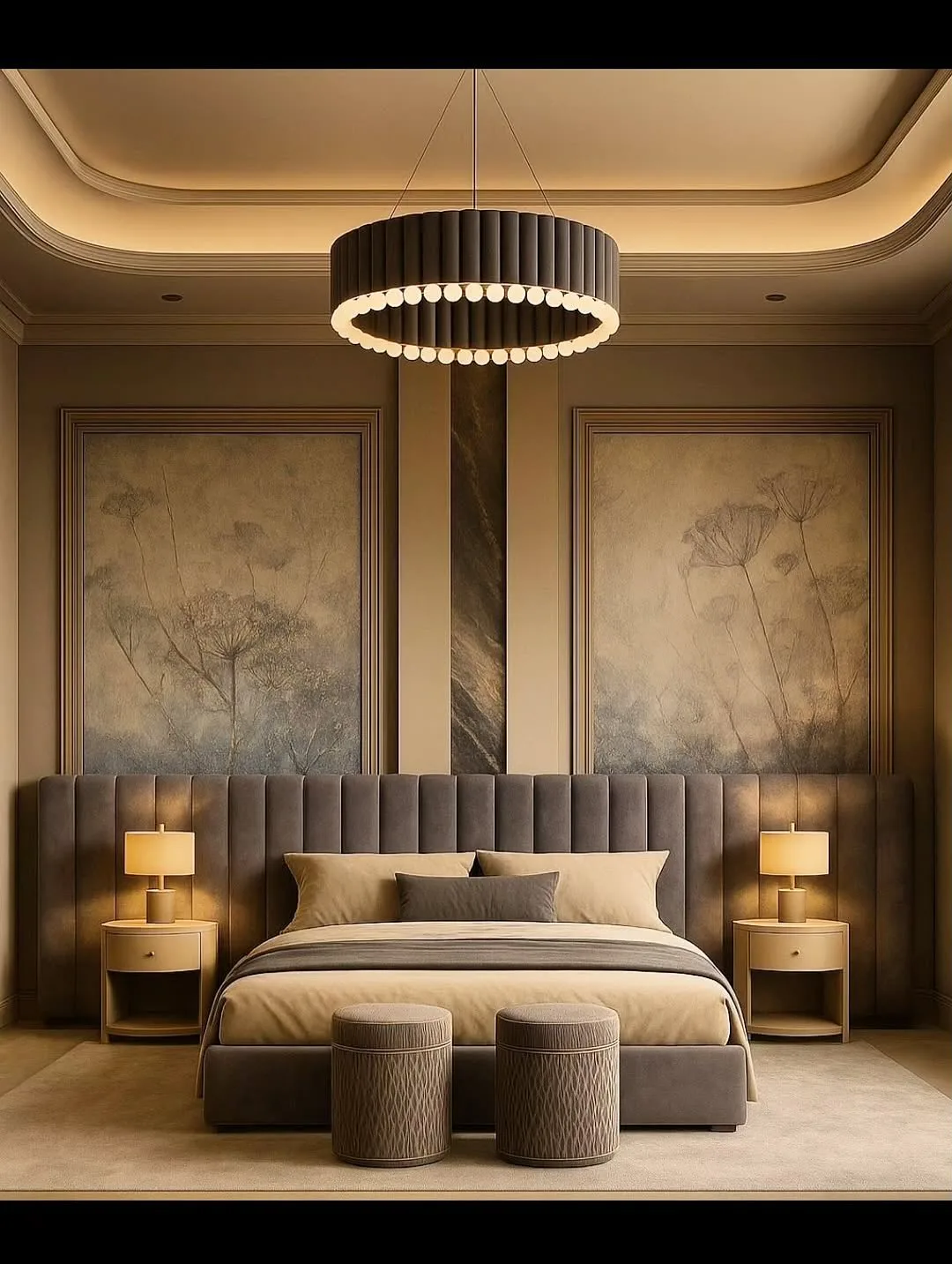 Luxury bedroom interior Chennai — symmetrical warm design
