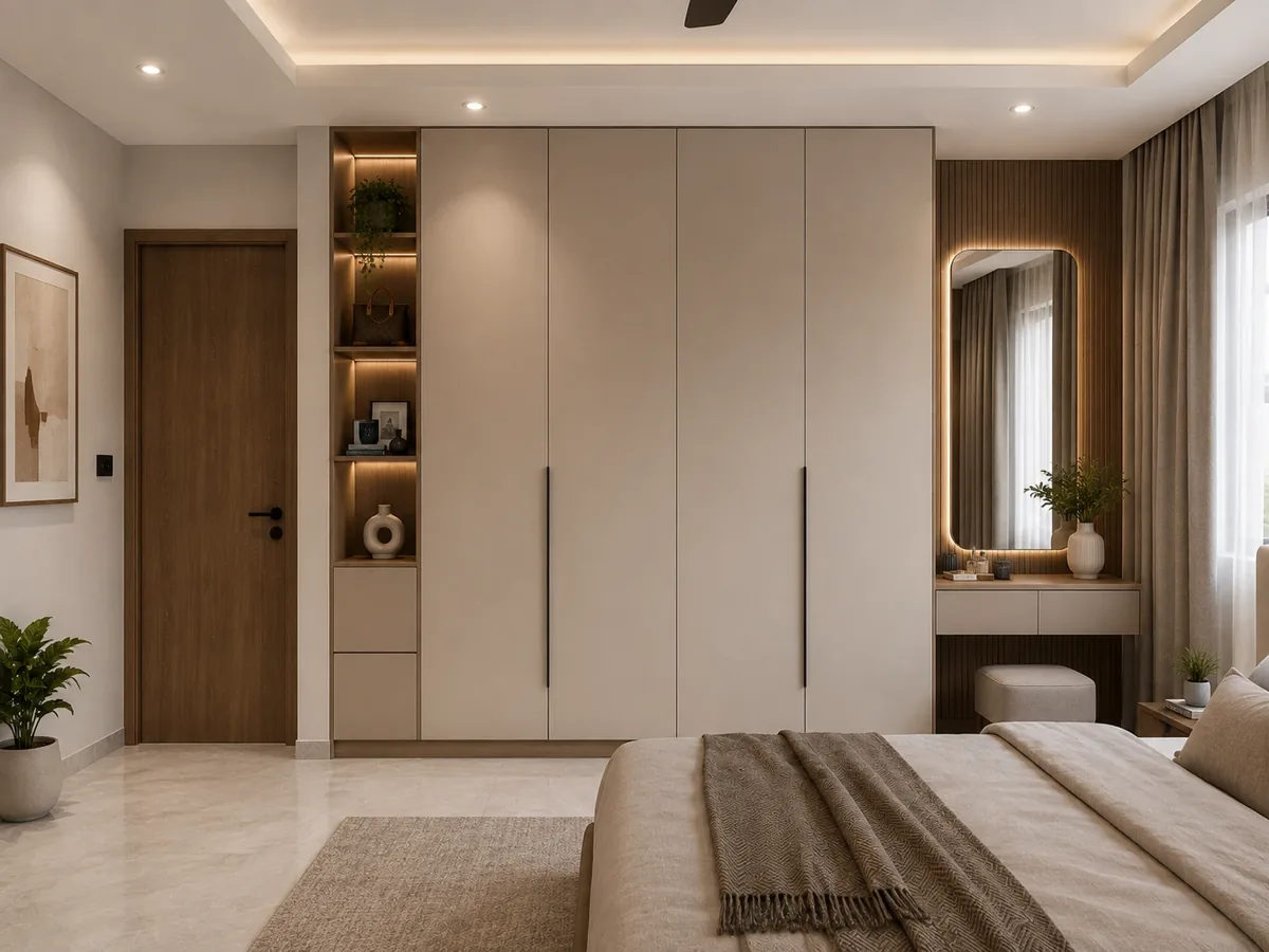 Homeli design concept — master bedroom with beige hinged wardrobe and lit dresser