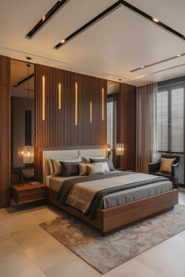 Luxury bedroom warm wood interior Chennai