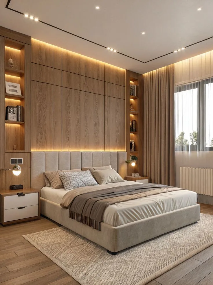 Bedroom with wood panel feature wall and lighting Chennai