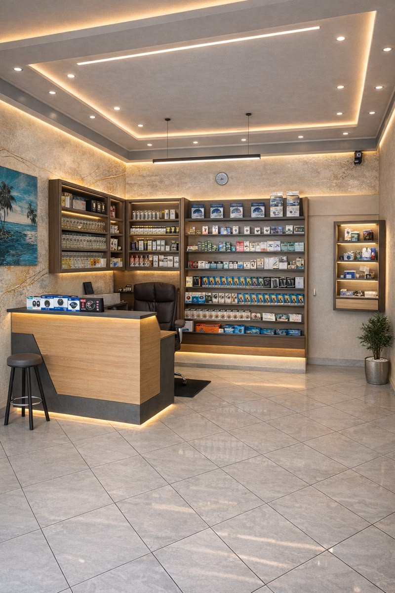 Mobile shop interior design Chennai — retail counter with backlit display shelves