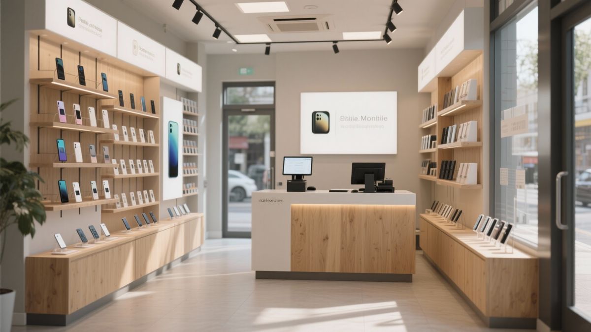 Phone showroom interior design Chennai — bright brand-zoned retail floor