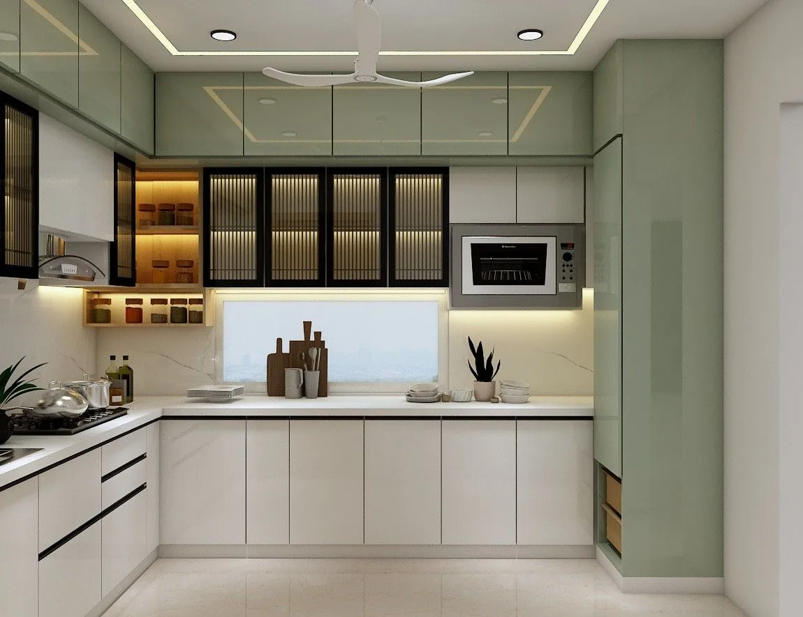 L-shaped modular kitchen green finish Chennai