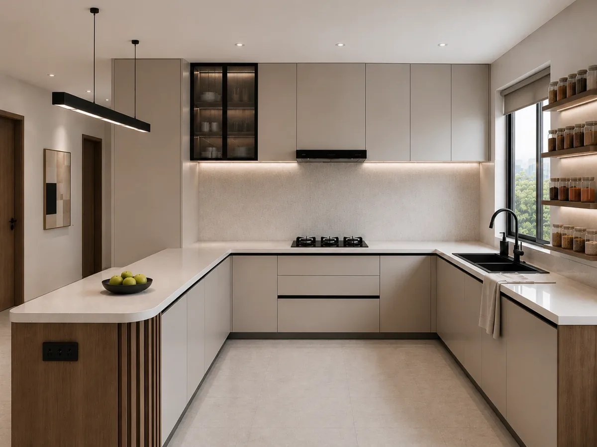 Homeli design concept — U-shaped modular kitchen in beige with walnut breakfast counter
