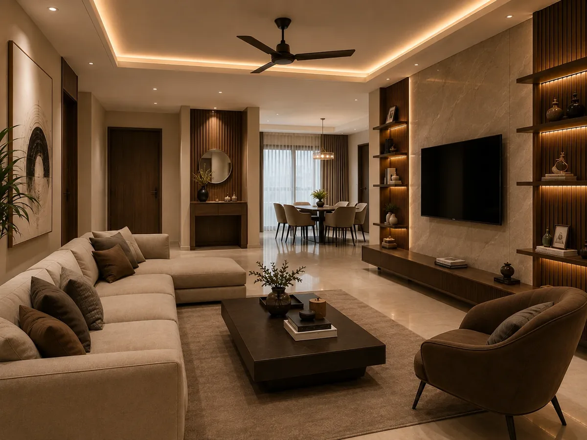 Homeli design concept — living room with marble TV wall and walnut shelving, Chennai