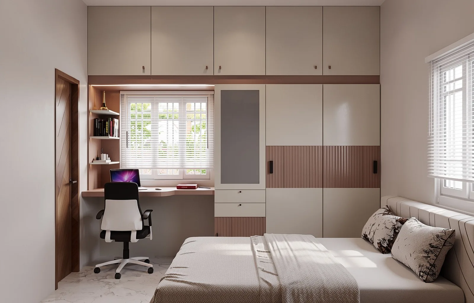 Bedroom with wardrobe and integrated study unit in Chennai home