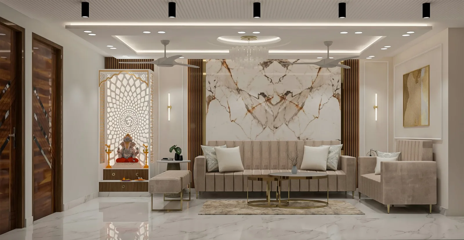 Premium Indian living room with pooja unit Chennai