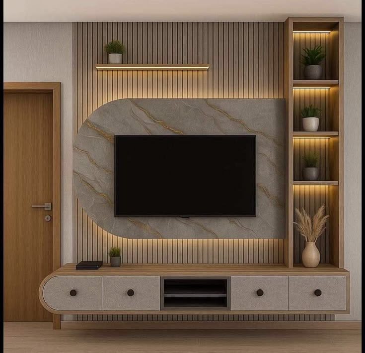 Minimal Bamboo-Finish TV Unit — interior design idea, Homeli Chennai